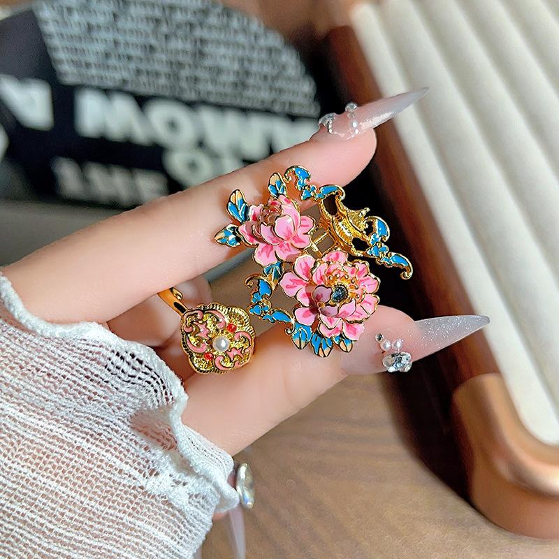 Medieval Vintage Stackable Ring Oriental Aesthetics Pavilion Peony Enamel Open‑Adjustable Niche New Chinese Style Fashion Jewelry