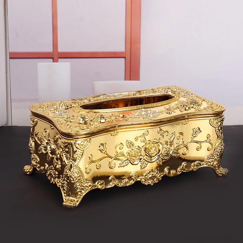 Luxury Golden Tissue Boxes Storage Napkin Holder Kitchen Tissue Box Square Shaped Container Plastic Craft Desktop Paper Case