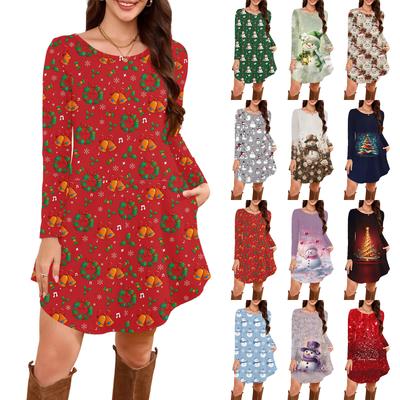 Женское платье-футболка с длинным рукавом, круглым вырезом, длиной до колена, свободного кроя, повседневное и с карманами