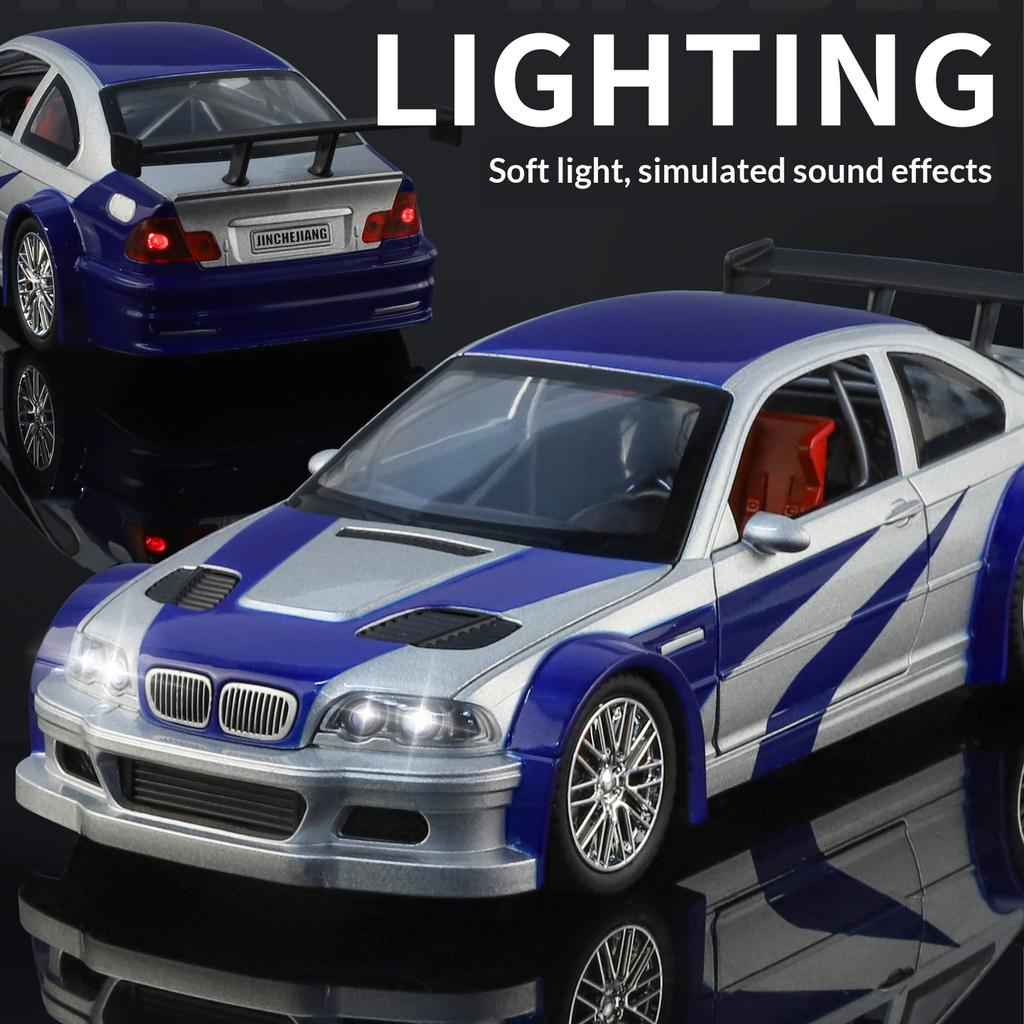 1/24 M3 GTR E46 Металлическая литая модель автомобиля Звук и свет Симуляция Оттяжка Мальчик Игрушечная машина Настольный дисплей Украшение Подарок на день рождения
