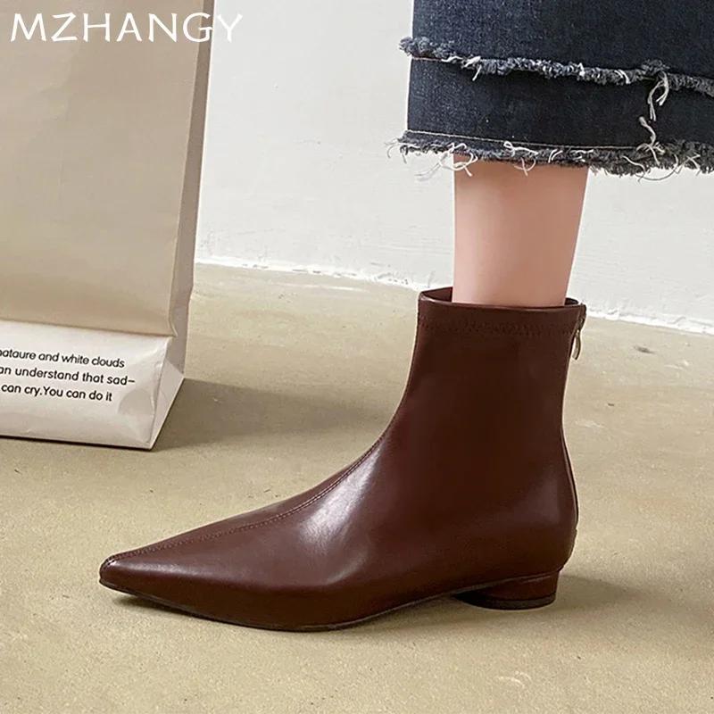 Fashion Women Pointed Toe Ankle Boots Flats Leather Fashion Shoes Woman 2025 Trend New Chelsea Boots Walking Winter Mujer Snow Botas