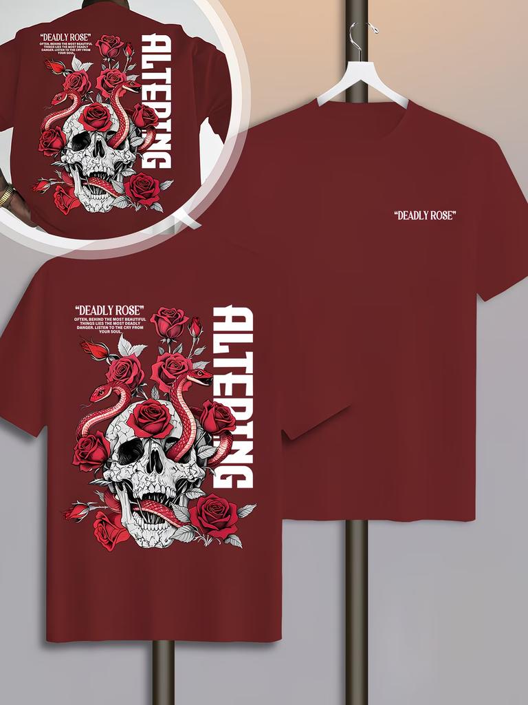 Unisex Deadly Rose Skull Snake Graphic T Shirt Double Sided Print Oversized Short Sleeve Tees Vintage Gothic Streetwear Punk Back