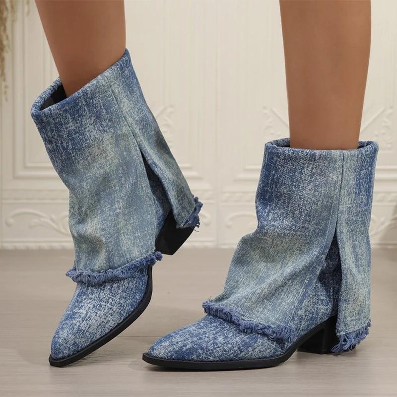 Модные ковбойские женские высокие сапоги с острым носком, зимние дизайнерские туфли на толстой подошве до середины голени, женские зимние сапоги 2024 года, готические женские ботинки