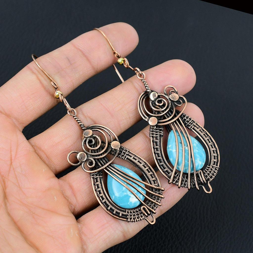 Ларимар драгоценный камень ручной работы серьги из чистой медной проволоки ювелирные изделия на День памяти
