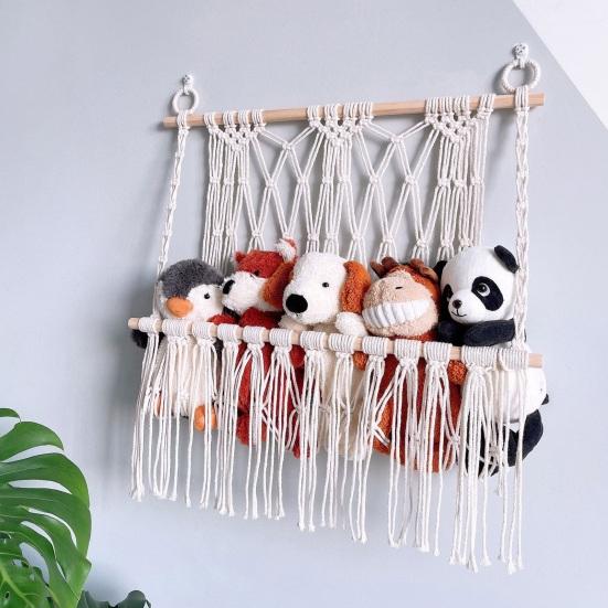 Стеллаж для хранения мягких игрушек, настенная сетка, дизайн с кисточками, яркий цвет, легко повесить, органайзер для хранения игрушек, кукол, декор детской комнаты