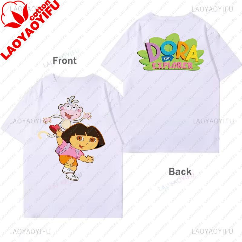Dora Kids Cothes Cartoon Print ShortSleeved Boys And Girls Cotton TShirt Double Size Printed Tees Y2k Clothes