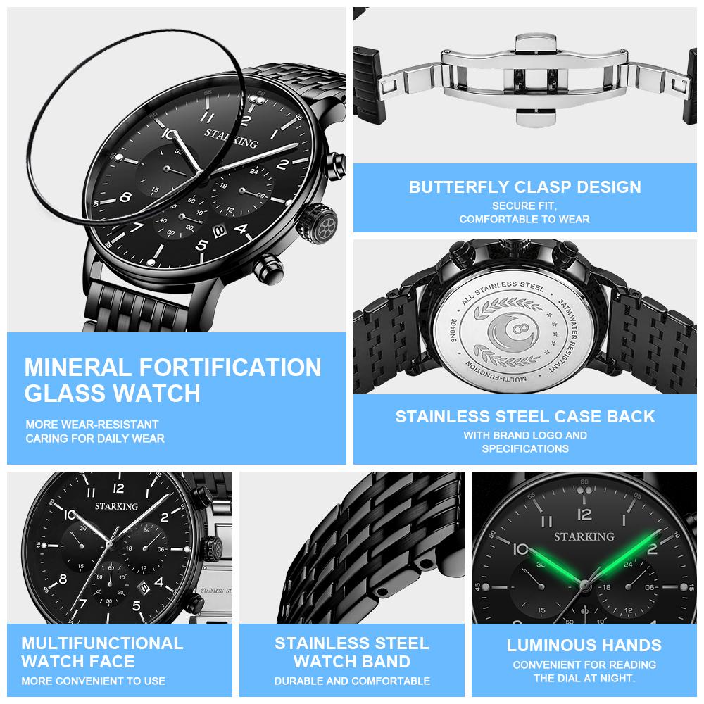 STARKING Luxury Men Quartz Watch Waterproof Luminous Sports Watches Date Chronograph Watch Stainless Steel Strap Gifts for Men