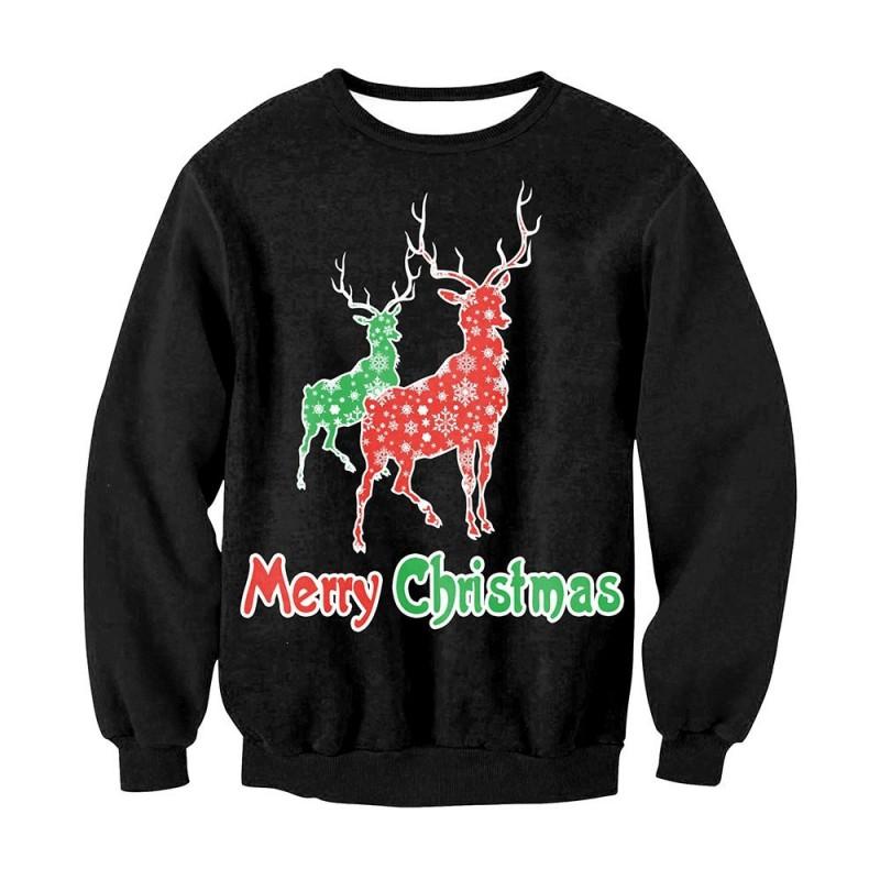 Christmas Sweatshirt Couples Santa Elk Print Long Sleeve Crew Neck Fall Casual Top