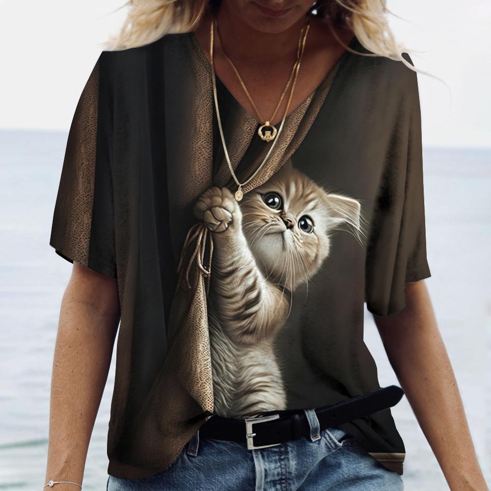 Fashionable Women's T-Shirts Cute Kitten 3D Print Girl Summer Harajuku Loose Casual Clothing Kawaii V-Neck Short Sleeve T-Shirts