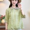 Women's Summer 2024 Chinese Retro Embroidered Cotton Linen Shirt