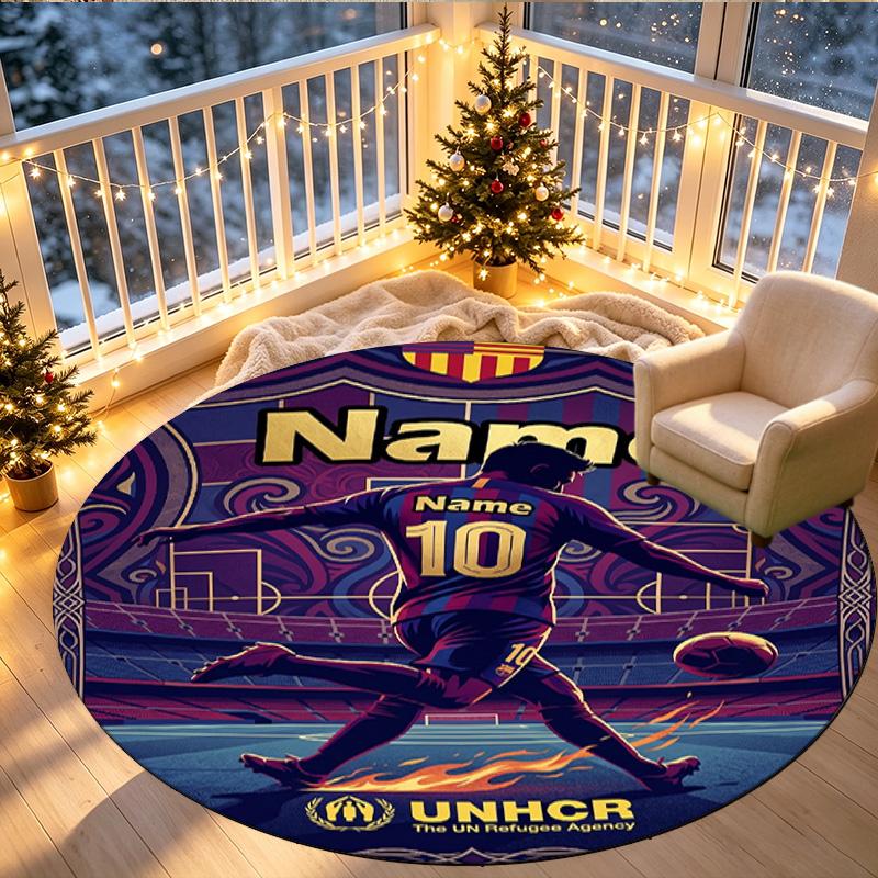 Custom Name Personalized Leo Messi Print Round Rug, Versatile Home Decor Carpet, for Playroom, Apartment, Balcony, Entryway, Hallway Gift