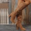 Retro Knee High Suede Riding Boots Women  Winter Side Zipper High Heels Western Cowboy Boots Warm Plush Leather Shoes Size35