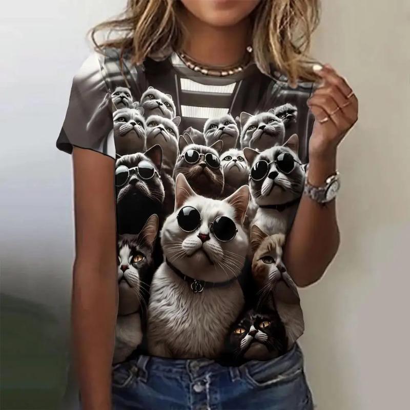 Женская футболка с принтом в стиле ретро с изображением животных из мультфильмов, кошек и собак, повседневная модная футболка с коротким рукавом, женская одежда, топ, футболка