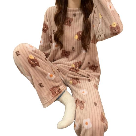 2 Pcs/Set Women Winter Pajamas Set Round Neck Cartoon Bear And Peach Pattern Long
