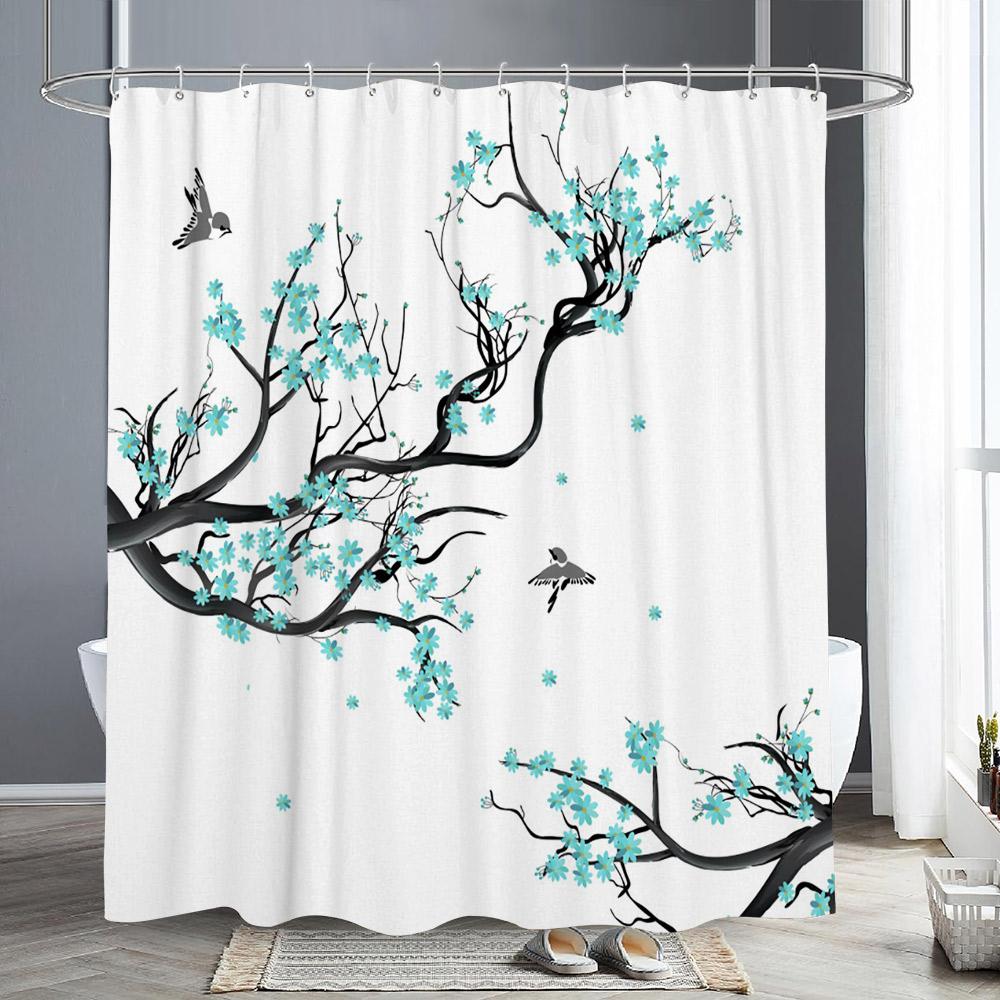 Ветка цветущей красной сливы Японская китайская занавеска для душа Восточное солнце Туманные горы Чернила Природа Пейзаж Ванная комната Искусство Шторы