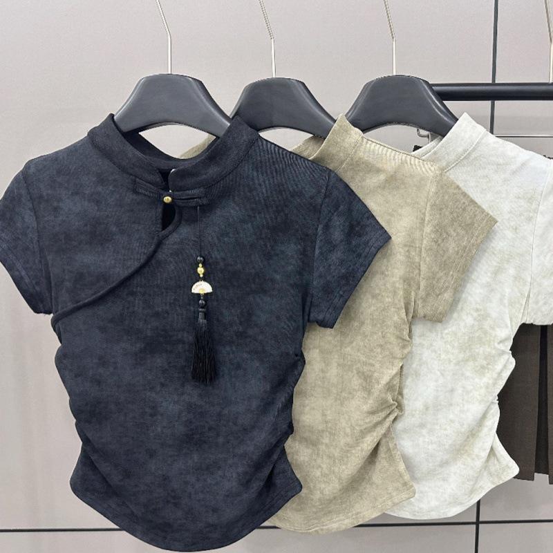 Женская летняя китайская футболка с коротким рукавом на пуговицах Qianyu