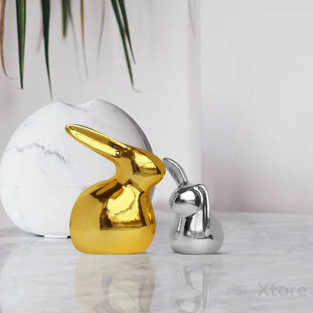 Home Decor Ceramic Cute Golden & Silver Rabbit Figurines (Set of 2, Golden and Silver)
