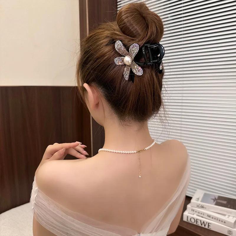 Модные заколки-краб для волос со стразами и цветами для женщин, ретро-жемчужины, блестящий подсолнух, темпераментная заколка для волос, укладка волос