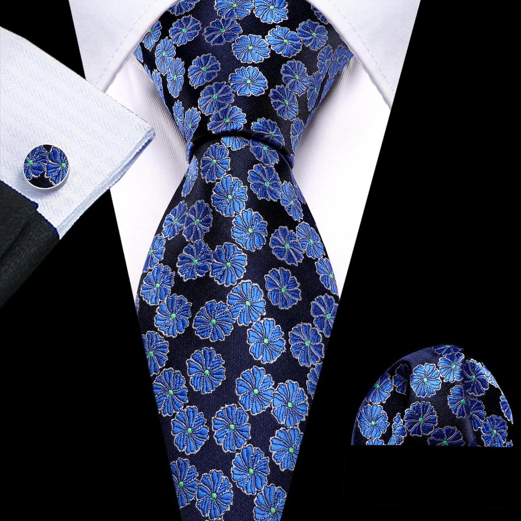 Barry.Wang Classic Tie for Men Woven Silk Striped Neckties Handkerchief Set Cufflinks Formal Casual