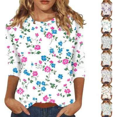 Женская модная повседневная футболка с круглым вырезом и принтом 3/4