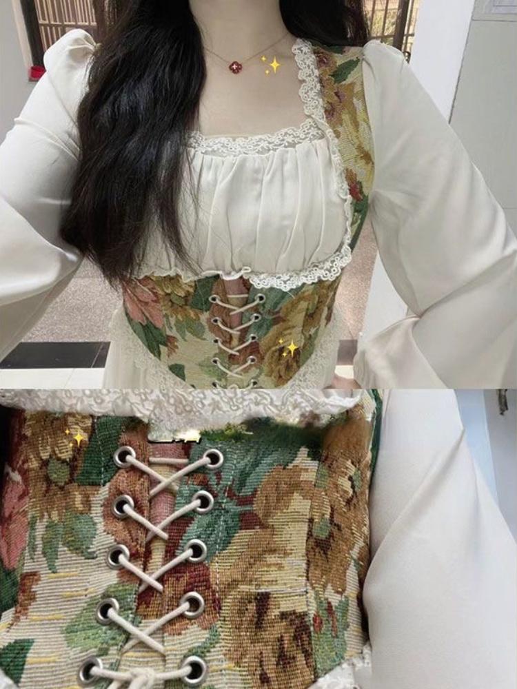 French Retro Palace Style Fake Two Piece Dress Women Vintage Long Sleeved Party Long Dresses Female Casual High Waist Fashion Slim Clothing