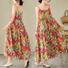2025 Summer Plus Size Korean Cotton Linen Printed Spaghetti Strap Dress