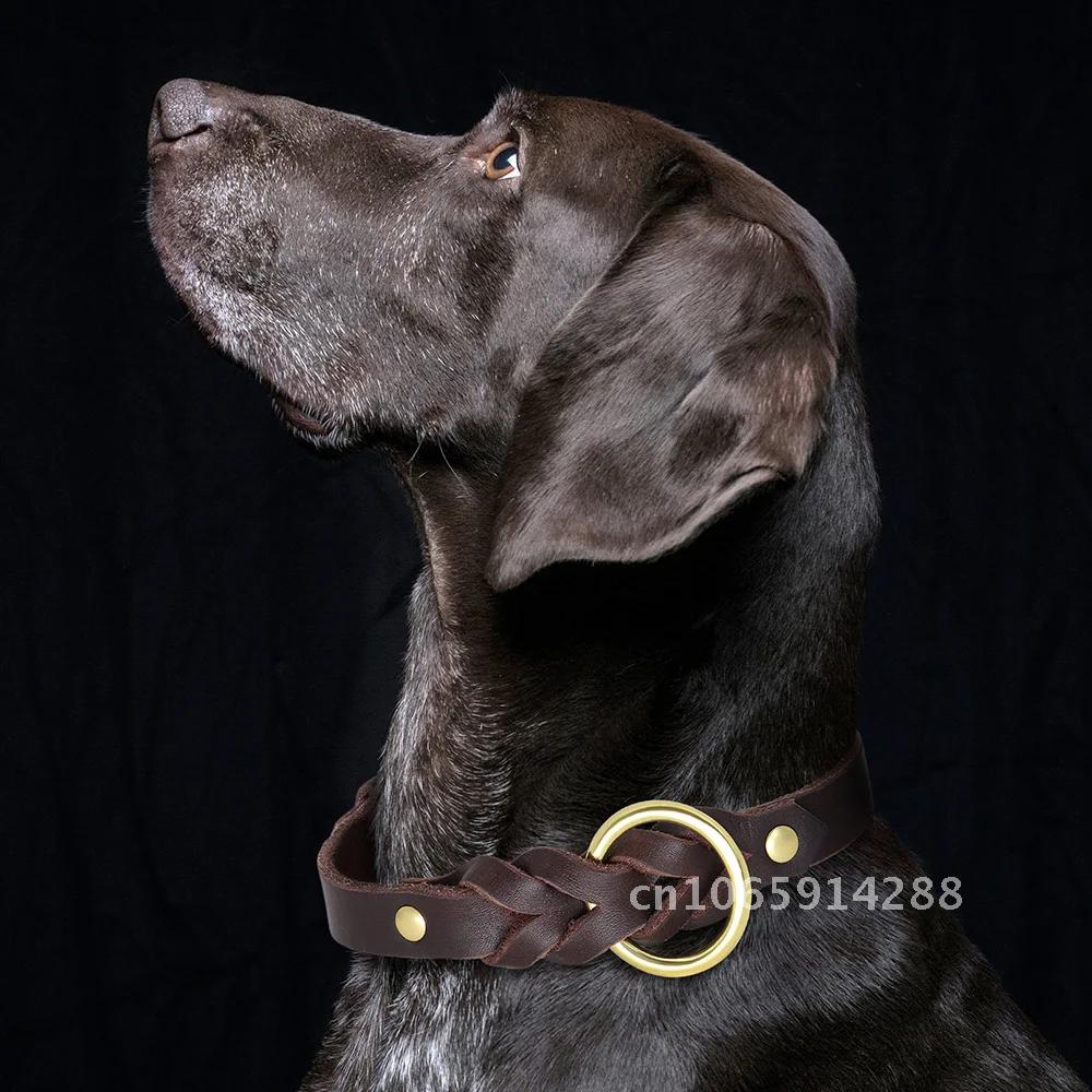 Ошейник для собак из натуральной кожи, набор поводков, плетеный, прочный, кожаный, средний, для собак, ошейники для домашних животных, овчарки, немецкие аксессуары для собак, большой размер