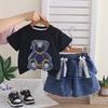 Girls Summer Cartoon Bear Print Denim Pants and Short Sleeve Two Piece Set