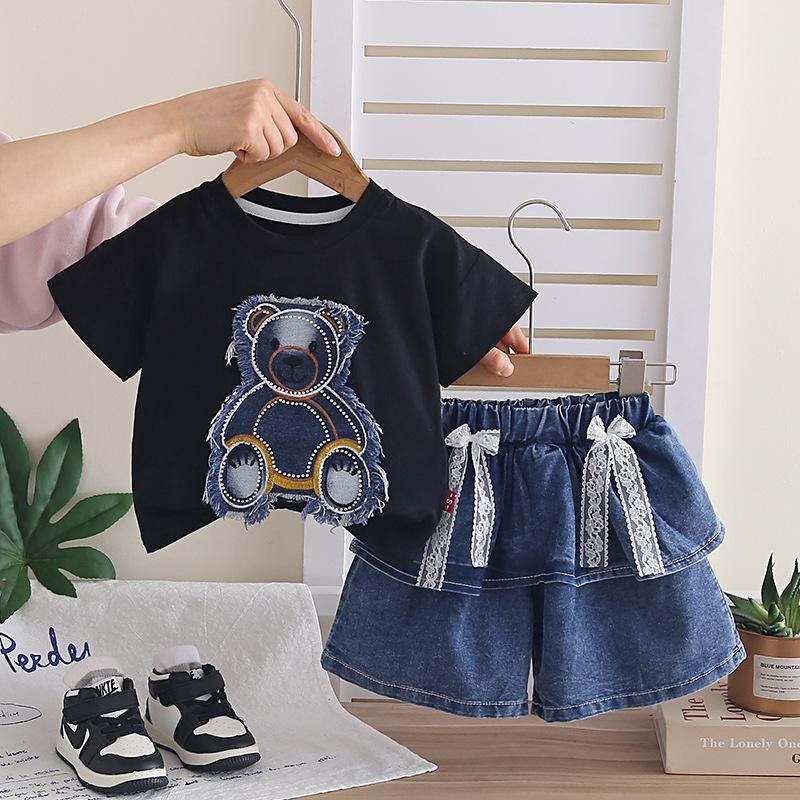 Girls Summer Cartoon Bear Print Denim Pants and Short Sleeve Two Piece Set