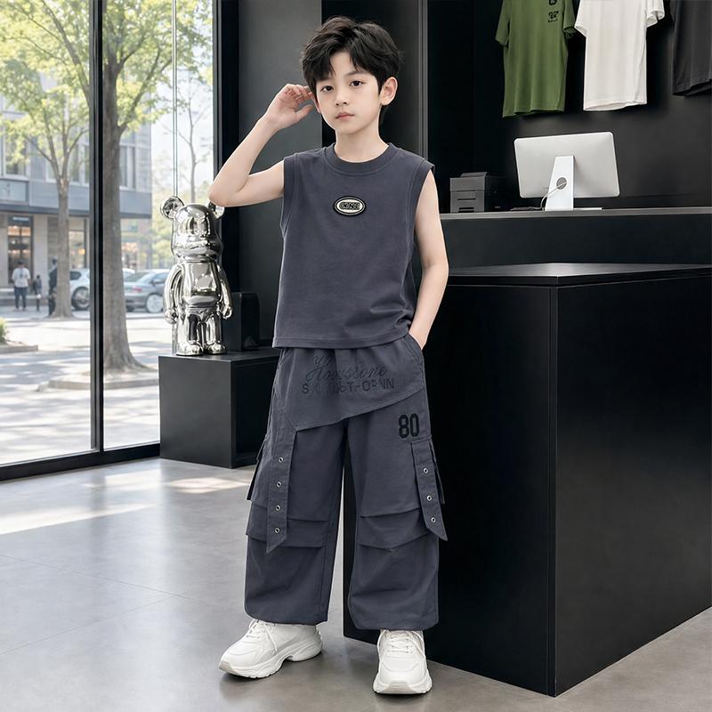 Boys' Sleeveless Summer Thin Style 2026 New Style Boys' Rascal Handsome Casual Middle and Large Children's Loose Summer Clothing Children's Set
