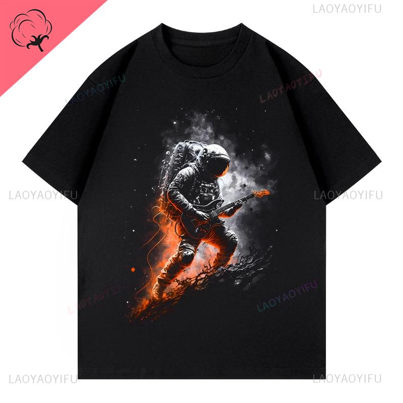 Fashion Cotton Short Sleeve Personality Beautiful Print Fantasy Space Astronaut Guitar Handsome Summer Men and Women