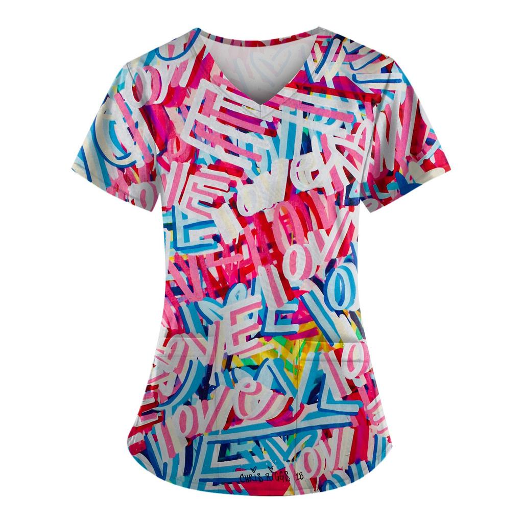 Plus Size Printed Scrub Working Uniform Tops For Women's V-Neck Short Sleeve Fun T-Shirts Workwear Tee With Pockets
