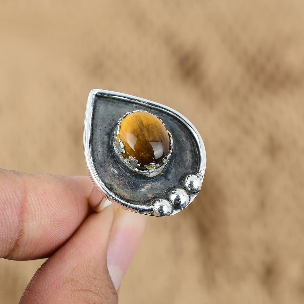 Natural Tiger'S Eye Gemstone Promise Yellow Adjustable Ring 925 Sterling Silver