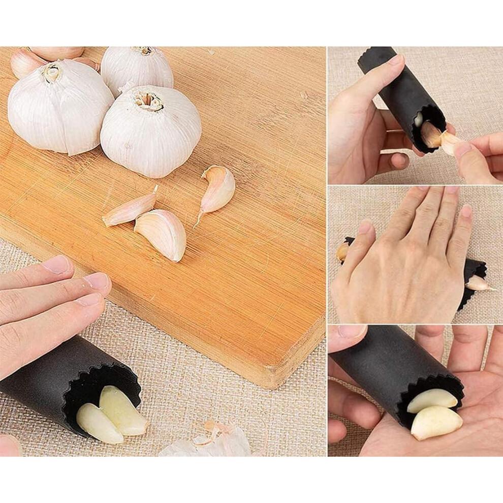 Garlic Press Stainless Steel Rocker Mincer with Silicone Peeler and Cradle Garlic Cutter Kitchen Tool for Easy Crushing