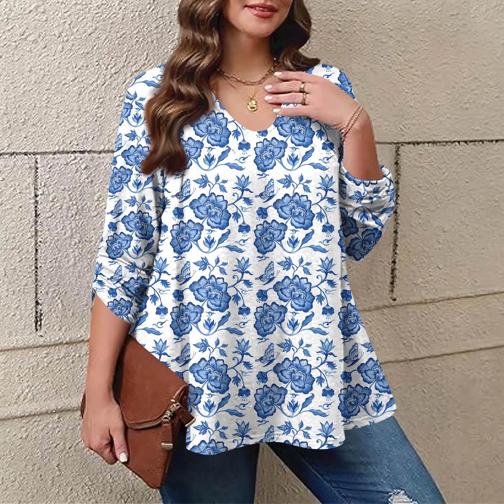 Women's Plus Size Fashion Printed Casual Pleated Round Neck Long Sleeve Top