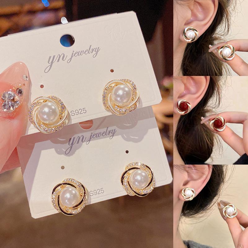 Fashion Elegant Rose Flower Zircon Pearl Ear Studs For Women Luxury Earrings Accessories Gift Trendy Delicate Jewelry AVE