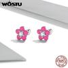 Серьги-гвоздики из стерлингового серебра 925 пробы, простые маленькие милые цветочные розово-красные серьги-гвоздики для женщин, модные вечерние ювелирные изделия, подарок