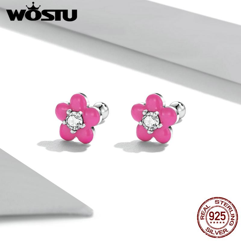 WOSTU Серьги-гвоздики из стерлингового серебра 925 пробы, простые маленькие милые цветочные розово-красные серьги-гвоздики для женщин, модные вечерние ювелирные изделия, подарок