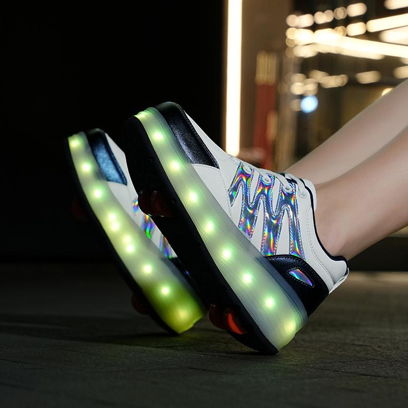 Четырехколесные детские туфли Heely с колесами, спортивная обувь с зарядкой через USB, светодиодная спортивная обувь для девочек, роликовые коньки