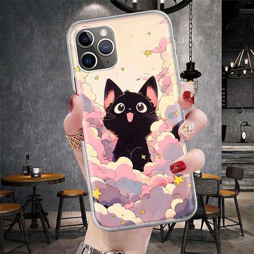 Аниме Милый Черный Кот Мяу Мягкий Чехол Для Телефона Для IPhone 11 17 Air 16E 16 Pro Max 15 + 14 Plus 13 Mini 12 Apple 7 SE 8 Fundas Coque