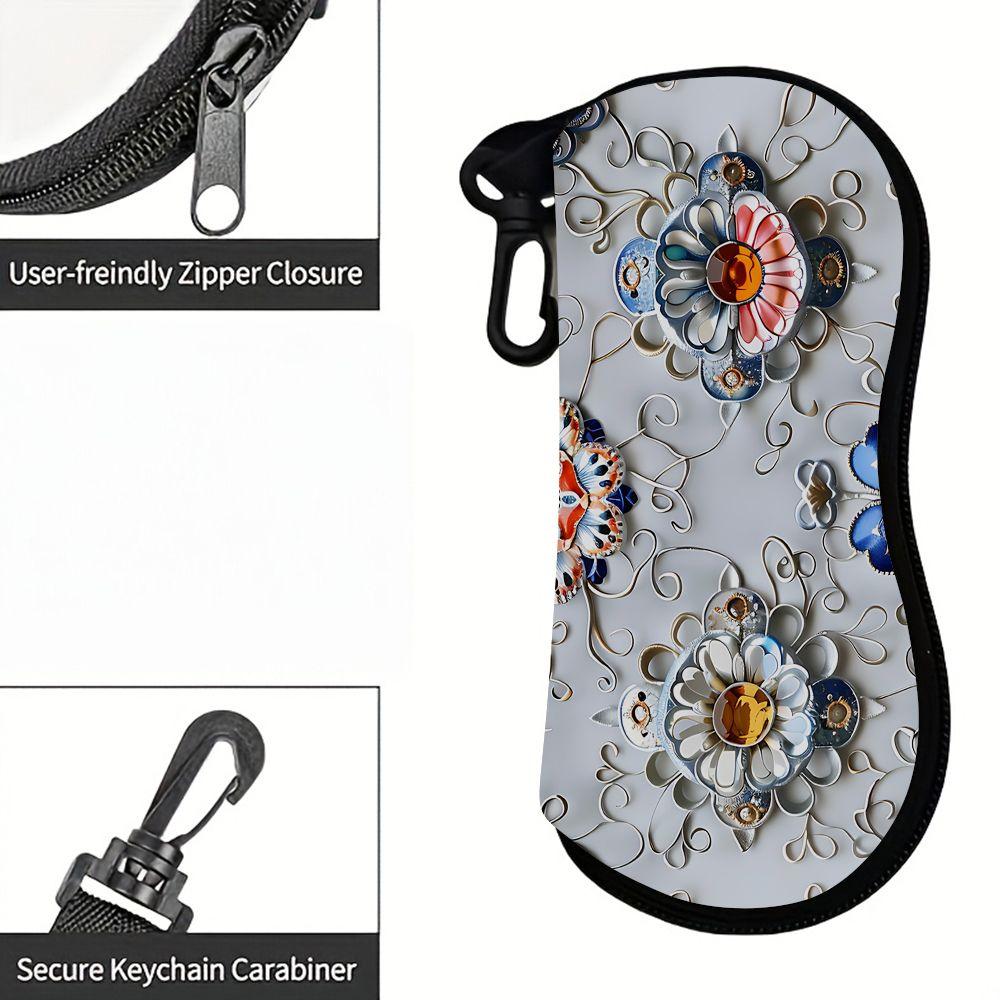 2D-Vintage Floral Pattern Protective Zipper Sunglasses Case, Decorative Retro Flower Eyeglass Holder, Portable Travel Accessory for Women Men