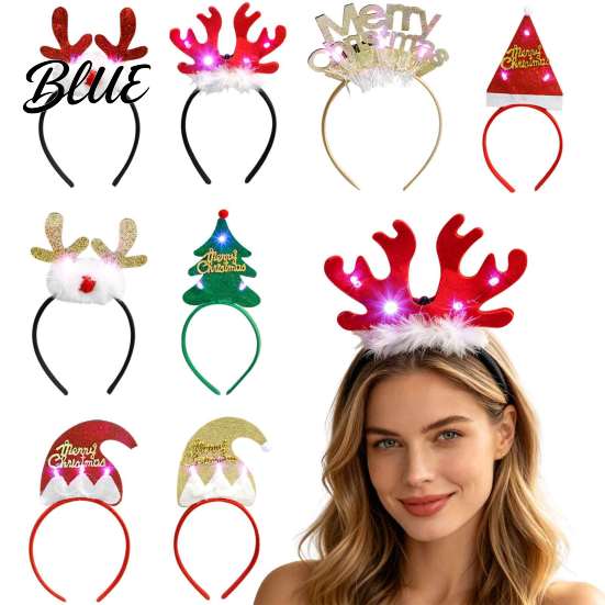 Glowing Holiday Accessories for Parties Light Up Christmas Headbands, Shiny Glitter Santa Hat Tree Reindeer Antler Hairbands, Decorative Hair
