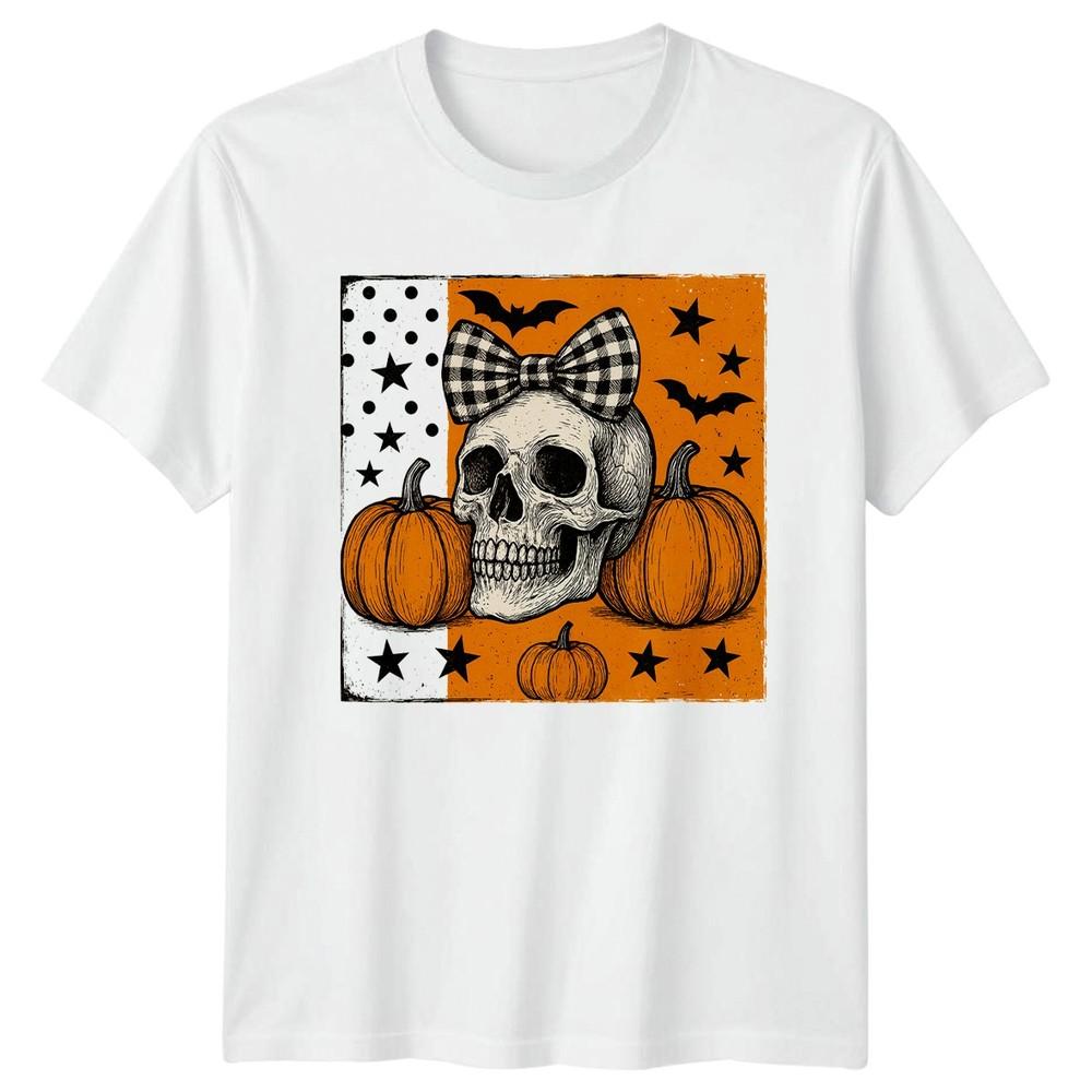 Spooky Skull With Bow Unisexs TShirt Halloween Thanksgiving Gift For Her