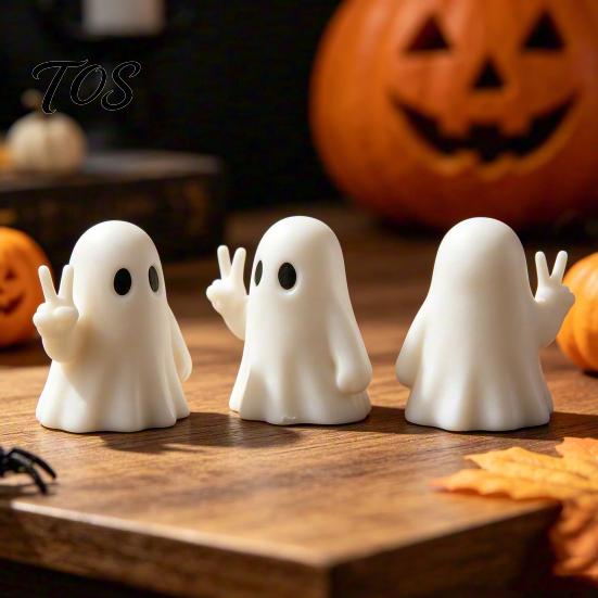 Whimsical Halloween Ghost Statue Figurine with Peace Sign, Spooky White Small Magic Crucible Decor Statue, Cute Tabletop Ornament for Shelf,