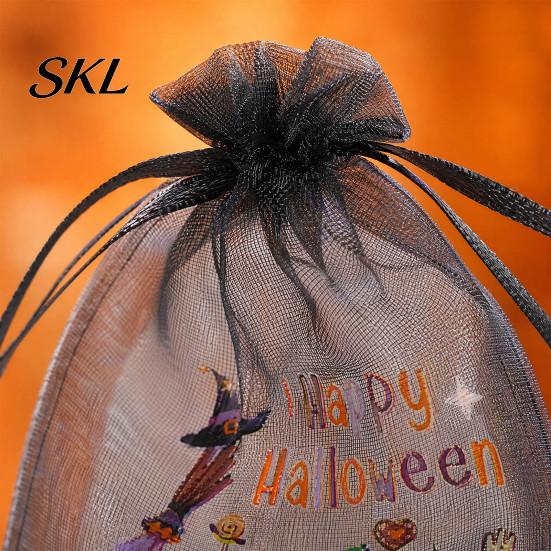 Gift Packaging Bag 12 Pcs Halloween Organza Candy Bag, Drawstring Treat Pouch with Pumpkin Ghost Bat Kids Pouches Print, Sheer Favor for Party Snacks,