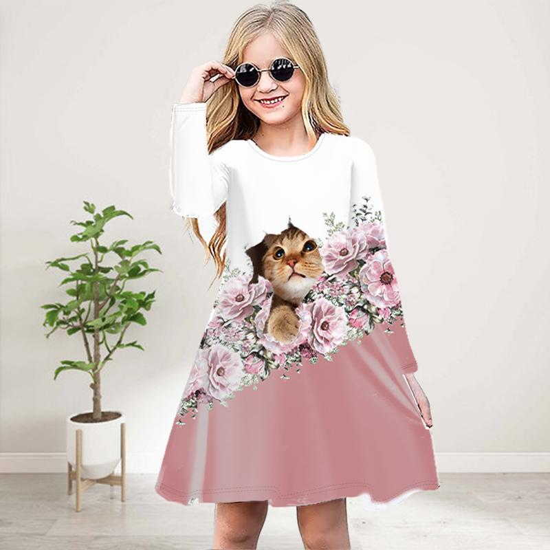 Girl Casual 3D Print Texture Cat Round Neck Long Sleeve Dress Kid Princess Dress