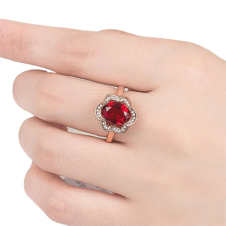 18K Rose Gold Flower Ring with Red Tourmaline and Diamond Cluster