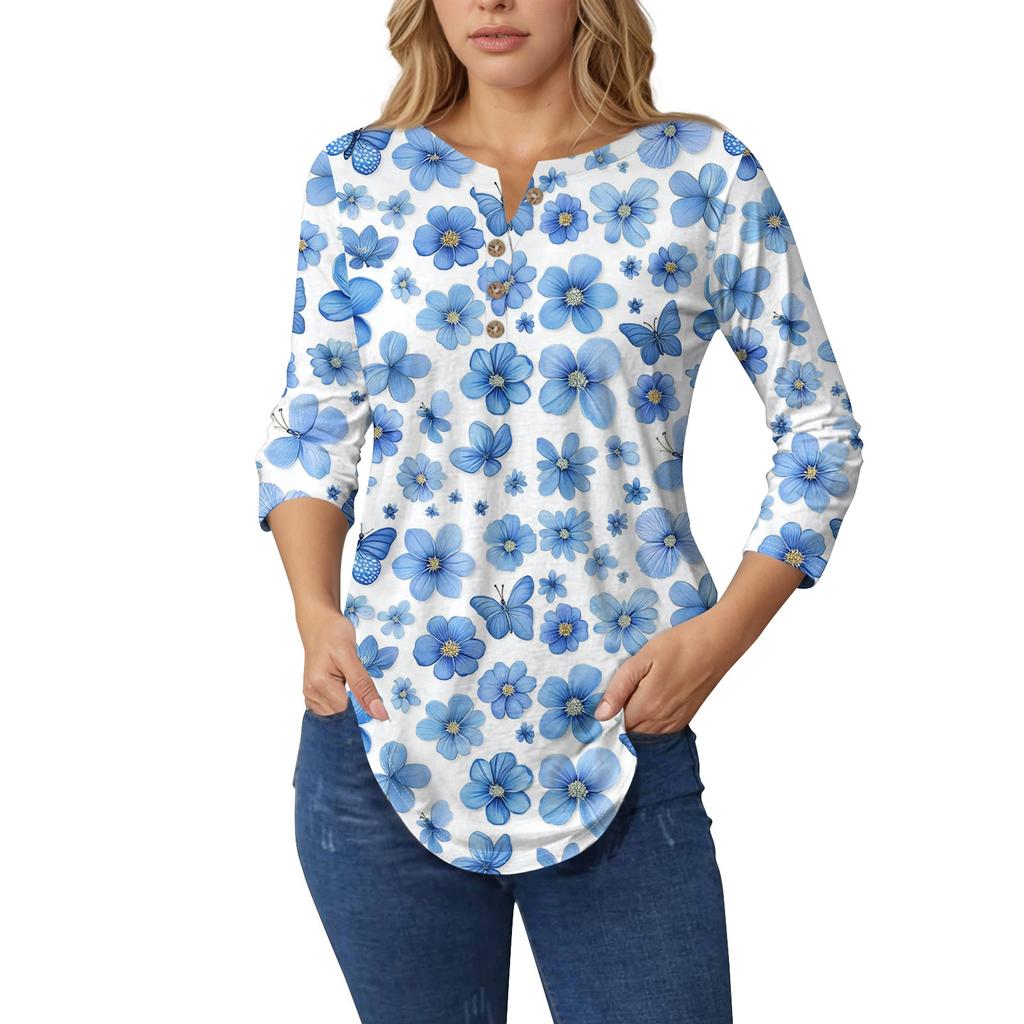 3/4 Length Sleeve Womens Tops Summer T-Shirts Floral Print V Neck Casual Basic Tee Button Shirts Tunic Tops