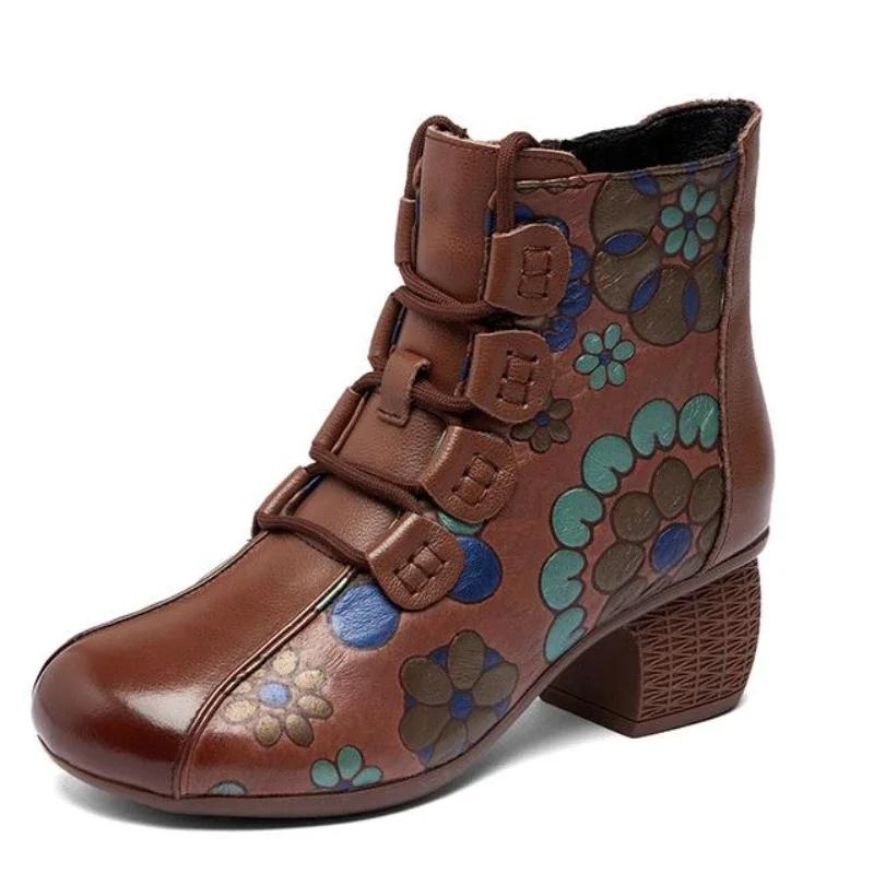 Мода 2024 года, новые осенние и зимние теплые туфли из натуральной кожи, женские ботинки с круглым носком, принтом, молнией в стиле ретро, ботинки для отдыха на платформе