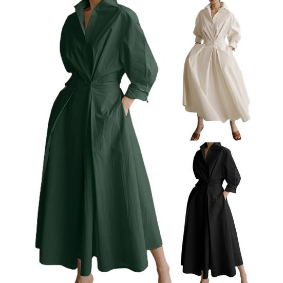 Женское платье-рубашка с длинным рукавом на пуговицах, повседневное платье-миди А-силуэта, длинное платье с воротником-лацканами для офисных вечеринок и пляжа